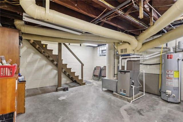 221 Miller Ave, Duquesne, PA 15110 - basement with water heater, stairway, concrete block wall, and heating unit