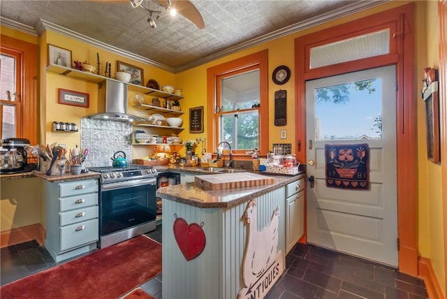 125 Richey Ave, Observatory Hill, PA 15214 - kitchen with stainless steel range oven, wall chimney exhaust hood, a peninsula, open shelves, and a ceiling fan