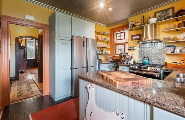 125 Richey Ave, Observatory Hill, PA 15214 - kitchen with open shelves, stainless steel appliances, island exhaust hood, stone countertops, and stone tile floors