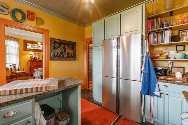 125 Richey Ave, Observatory Hill, PA 15214 - kitchen featuring freestanding refrigerator, green cabinetry, and ornamental molding