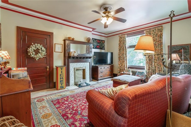 125 Richey Ave, Observatory Hill, PA 15214 - living area with a fireplace, a ceiling fan, and ornamental molding