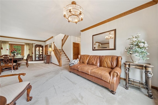 101 Blackthorn Dr, Penn Twp But, PA 16002 - carpeted living room with crown molding, stairway, and a chandelier