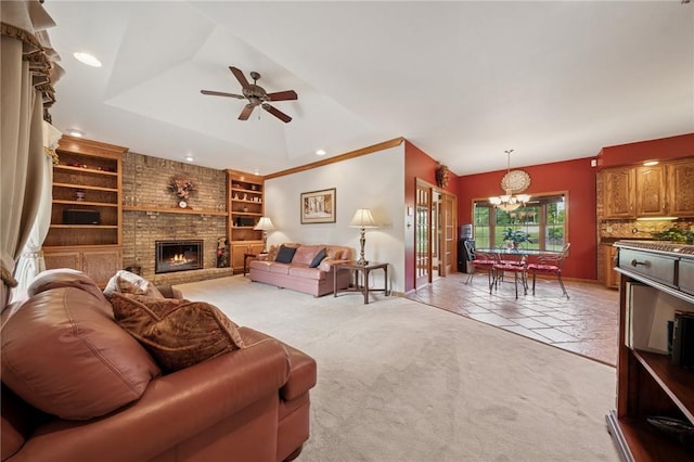 101 Blackthorn Dr, Penn Twp But, PA 16002 - living area featuring a chandelier, light carpet, built in features, a ceiling fan, and a brick fireplace