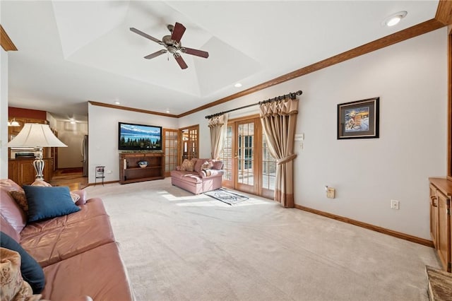 101 Blackthorn Dr, Penn Twp But, PA 16002 - unfurnished living room with light colored carpet, a ceiling fan, crown molding, a tray ceiling, and french doors