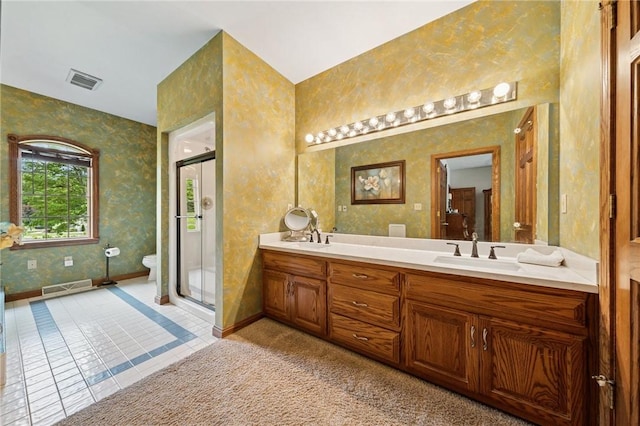 101 Blackthorn Dr, Penn Twp But, PA 16002 - full bath featuring double vanity, a stall shower, wallpapered walls, and tile patterned flooring