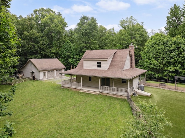 29 Cherry Tree Ln, Mercer Boro Mer, PA 16137 - view of front facade with a detached garage, an outdoor structure, a chimney, and a porch