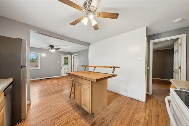 320 Cline St, E Pittsburgh, PA 15112 - kitchen with stainless steel appliances, butcher block counters, a ceiling fan, and light wood finished floors