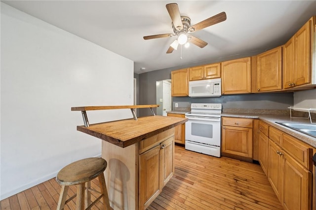 320 Cline St, E Pittsburgh, PA 15112 - kitchen featuring white appliances, a breakfast bar, light wood finished floors, a ceiling fan, and butcher block counters