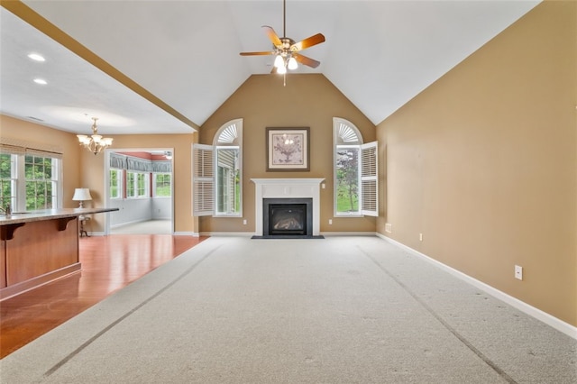 121 Anglers Way, Peters Twp, PA 15317 - unfurnished living room featuring a fireplace with flush hearth, a ceiling fan, carpet floors, lofted ceiling, and recessed lighting