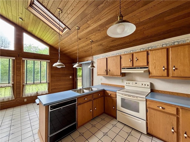 2105 Pulaski Rd, Neshannock Twp, PA 16105 - kitchen with white range with electric cooktop, dishwasher, wooden ceiling, healthy amount of natural light, and under cabinet range hood