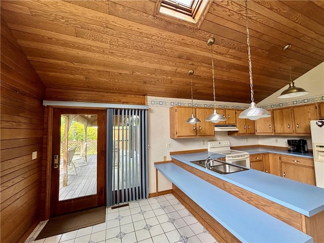 2105 Pulaski Rd, Neshannock Twp, PA 16105 - kitchen featuring wooden ceiling, vaulted ceiling, white range with electric cooktop, a skylight, and pendant lighting
