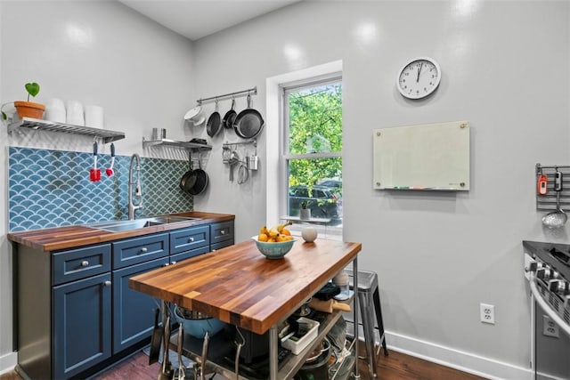 1037 Chislett St, Morningside, PA 15206 - kitchen with wood counters, blue cabinetry, stainless steel stove, dark wood-type flooring, and open shelves