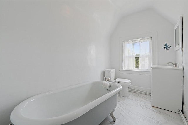 1037 Chislett St, Morningside, PA 15206 - full bath with a freestanding tub, vaulted ceiling, and marble look tiles