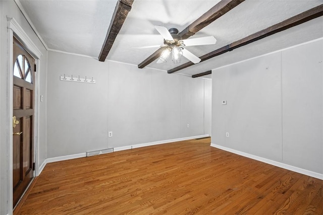 4829 Hatfield St, Lawrenceville, PA 15201 - empty room featuring beamed ceiling, wood finished floors, and a ceiling fan