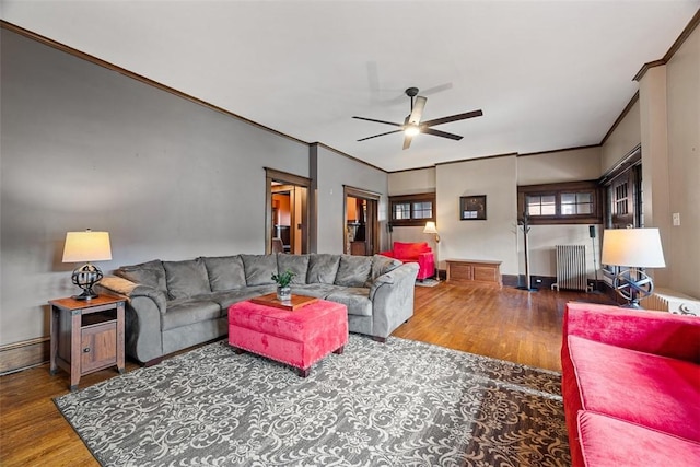 81 Dinsmore Ave, Crafton, PA 15205 - living area featuring wood finished floors, a ceiling fan, radiator heating unit, and ornamental molding
