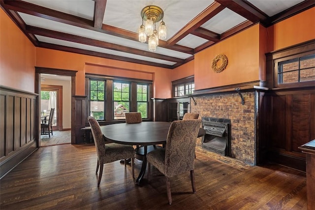 81 Dinsmore Ave, Crafton, PA 15205 - dining space featuring hardwood / wood-style floors, beam ceiling, a chandelier, a fireplace, and coffered ceiling