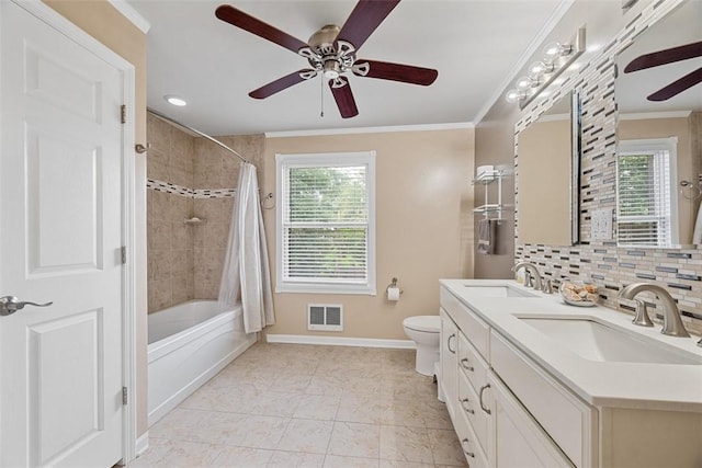 81 Dinsmore Ave, Crafton, PA 15205 - full bath with ceiling fan, double vanity, shower / bath combination with curtain, ornamental molding, and tasteful backsplash