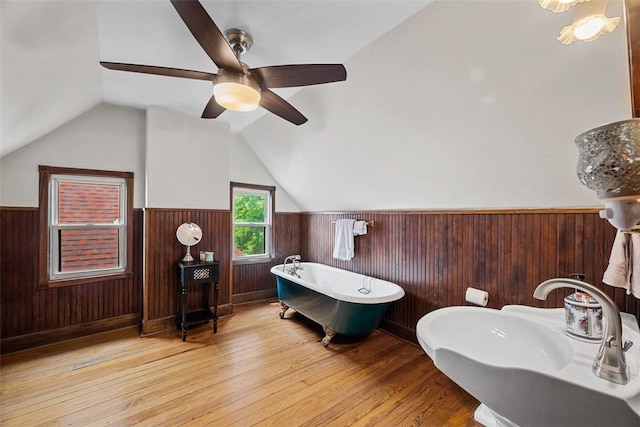 81 Dinsmore Ave, Crafton, PA 15205 - full bathroom featuring a freestanding tub, wainscoting, vaulted ceiling, wood-type flooring, and ceiling fan