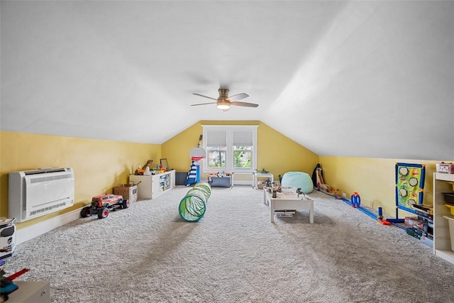 81 Dinsmore Ave, Crafton, PA 15205 - game room featuring heating unit, a ceiling fan, carpet, and lofted ceiling