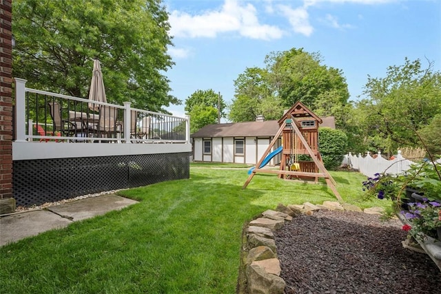 81 Dinsmore Ave, Crafton, PA 15205 - view of grassy yard with a playground and a wooden deck