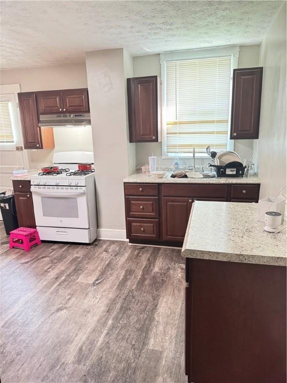 200 Jarvis St, Aliquippa, PA 15001 - kitchen featuring gas range gas stove, under cabinet range hood, dark wood finished floors, light countertops, and a textured ceiling