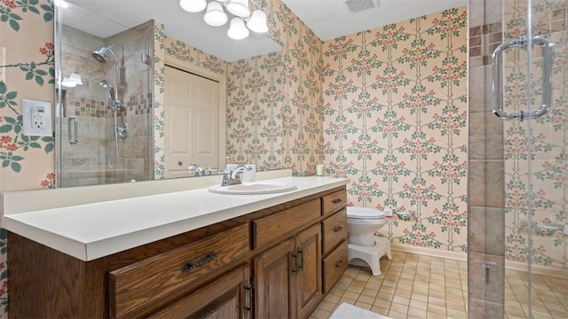 609 Twin Pine Rd, Fox Chapel, PA 15215 - full bathroom featuring tile patterned floors, vanity, wallpapered walls, and a shower stall