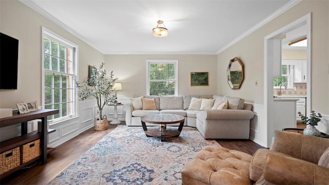 609 Twin Pine Rd, Fox Chapel, PA 15215 - living room featuring wood finished floors, crown molding, wainscoting, and a decorative wall