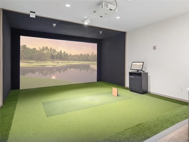 493 Nolan Cir, Cranberry Twp, PA 16066 - playroom featuring golf simulator, carpet flooring, recessed lighting, and a water view