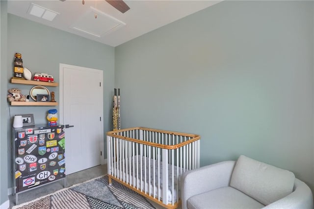 493 Nolan Cir, Cranberry Twp, PA 16066 - bedroom featuring a crib, attic access, and ceiling fan