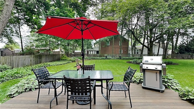 217 Monroe Dr, Ross Twp, PA 15229 - wooden terrace featuring a fenced backyard, a grill, and outdoor dining space