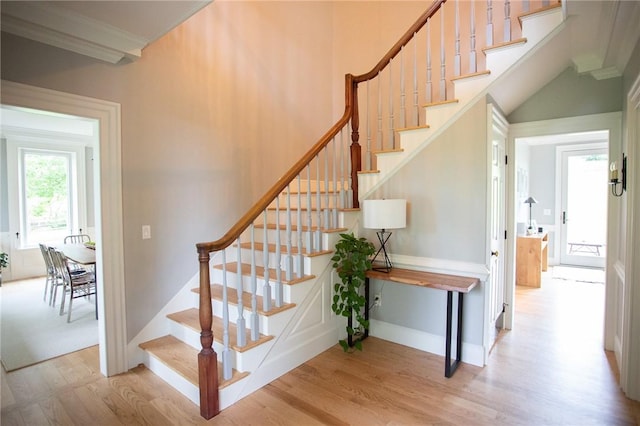255 Camp Run Rd, Lancaster Twp, PA 16037 - staircase with wood finished floors and ornamental molding