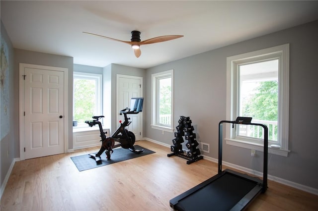 255 Camp Run Rd, Lancaster Twp, PA 16037 - exercise room with wood finished floors and ceiling fan