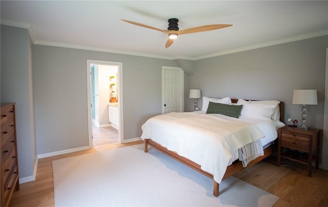 255 Camp Run Rd, Lancaster Twp, PA 16037 - bedroom with light wood-style flooring, crown molding, a ceiling fan, and ensuite bath
