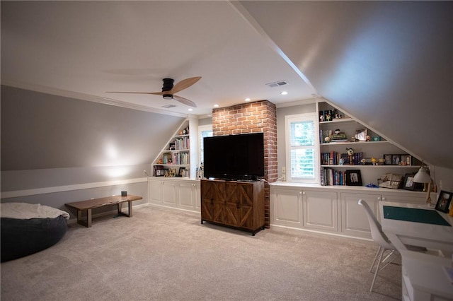 255 Camp Run Rd, Lancaster Twp, PA 16037 - living room with light carpet, ceiling fan, built in shelves, crown molding, and lofted ceiling