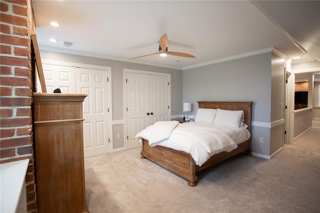 255 Camp Run Rd, Lancaster Twp, PA 16037 - bedroom featuring light colored carpet, multiple closets, recessed lighting, crown molding, and ceiling fan
