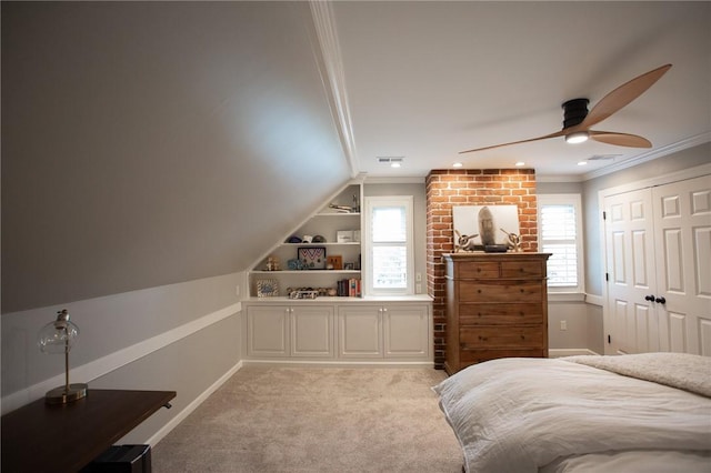 255 Camp Run Rd, Lancaster Twp, PA 16037 - bedroom featuring ornamental molding, light carpet, a ceiling fan, and a closet