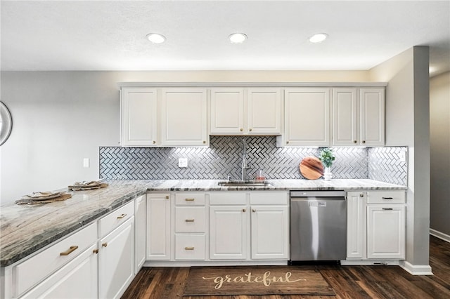 2310 Shamrock Ln, Canonsburg, PA 15317 - kitchen featuring dishwasher, white cabinets, light stone countertops, backsplash, and dark wood-style floors
