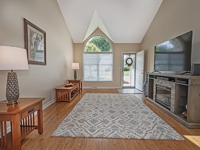 406 Country View Dr, Lower Burrell, PA 15068 - living area with vaulted ceiling, wood finished floors, and a fireplace