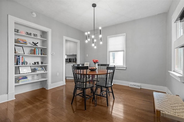 447 Highfield Ave, Canonsburg, PA 15317 - dining room featuring dark wood-style flooring, a chandelier, and built in shelves