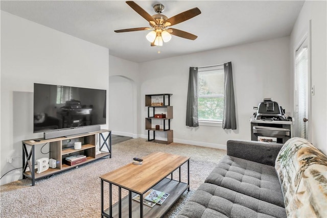 18 Allegheny Ave, South Fayette, PA 15031 - living room with carpet floors, arched walkways, and a ceiling fan