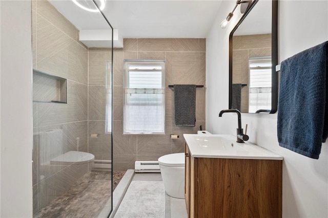 2013 Straubs Ln, Troy Hill, PA 15212 - full bath with vanity, baseboard heating, a walk in shower, and tile patterned flooring