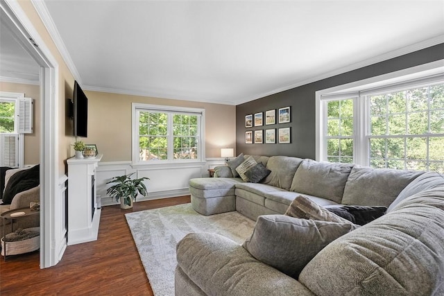 401 Olde Ingomar Ct, Mccandless, PA 15237 - living area with crown molding, plenty of natural light, dark wood-type flooring, and a wainscoted wall
