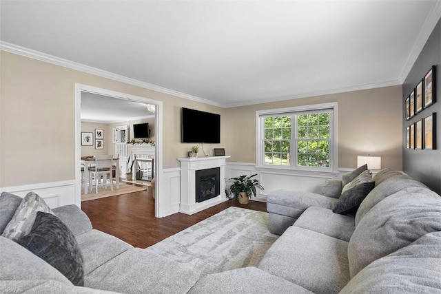 401 Olde Ingomar Ct, Mccandless, PA 15237 - living area featuring wood finished floors, ornamental molding, a fireplace, and a wainscoted wall