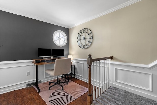 401 Olde Ingomar Ct, Mccandless, PA 15237 - home office featuring crown molding, a decorative wall, a wainscoted wall, and wood finished floors