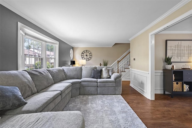 401 Olde Ingomar Ct, Mccandless, PA 15237 - living room with wood finished floors, crown molding, stairs, and wainscoting