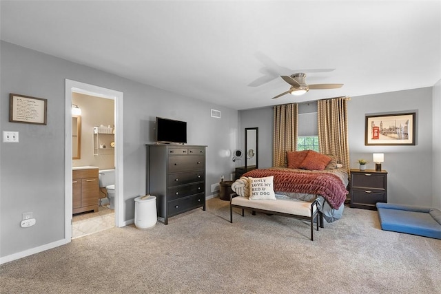 401 Olde Ingomar Ct, Mccandless, PA 15237 - bedroom with light colored carpet, a ceiling fan, and connected bathroom