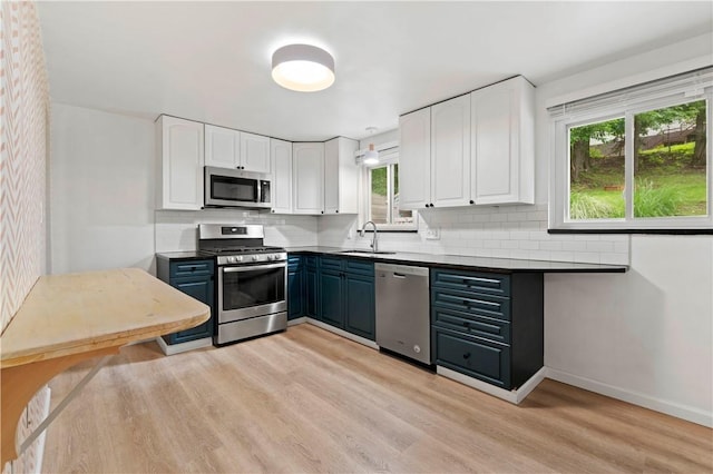 601 4th St, Penn Hills, PA 15147 - kitchen with appliances with stainless steel finishes, blue cabinets, light wood-type flooring, and white cabinetry