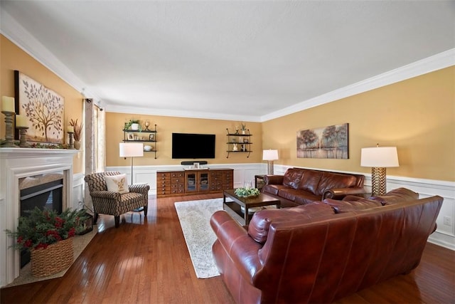 743 Packsaddle Trl, Richland, PA 15044 - living area with ornamental molding, a premium fireplace, a wainscoted wall, and wood finished floors