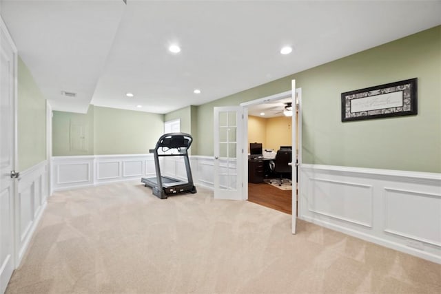 743 Packsaddle Trl, Richland, PA 15044 - workout area featuring a decorative wall, wainscoting, carpet, a ceiling fan, and recessed lighting