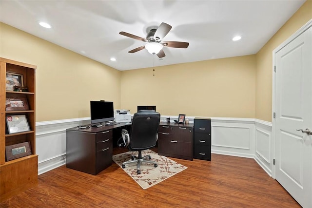 743 Packsaddle Trl, Richland, PA 15044 - office with wainscoting, a ceiling fan, dark wood-style flooring, recessed lighting, and a decorative wall